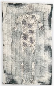 AASHISH MOGA | Memories of Mattresses | Acrylic on canvas, cotton filled mattress made up of canvas fabric letter beads, fabric strings | 67”x 40”
