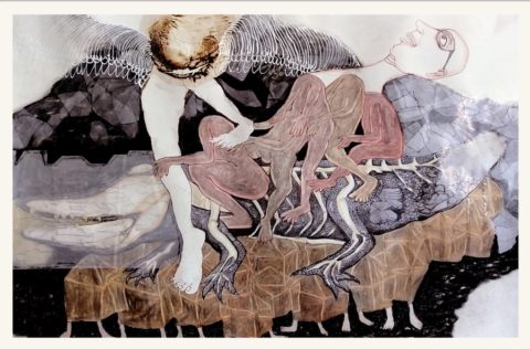 SAMIRAN DEY | The Spine of Life |Watercolour, graphite, transparent paper, charcoal, burning and acrylic on paper | 25 x 36 ″