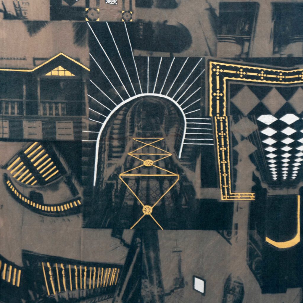 Details from ‘Imprints of a City’ by Savitha Ravi, the gold details accentuating the
design elements of the architectural spaces