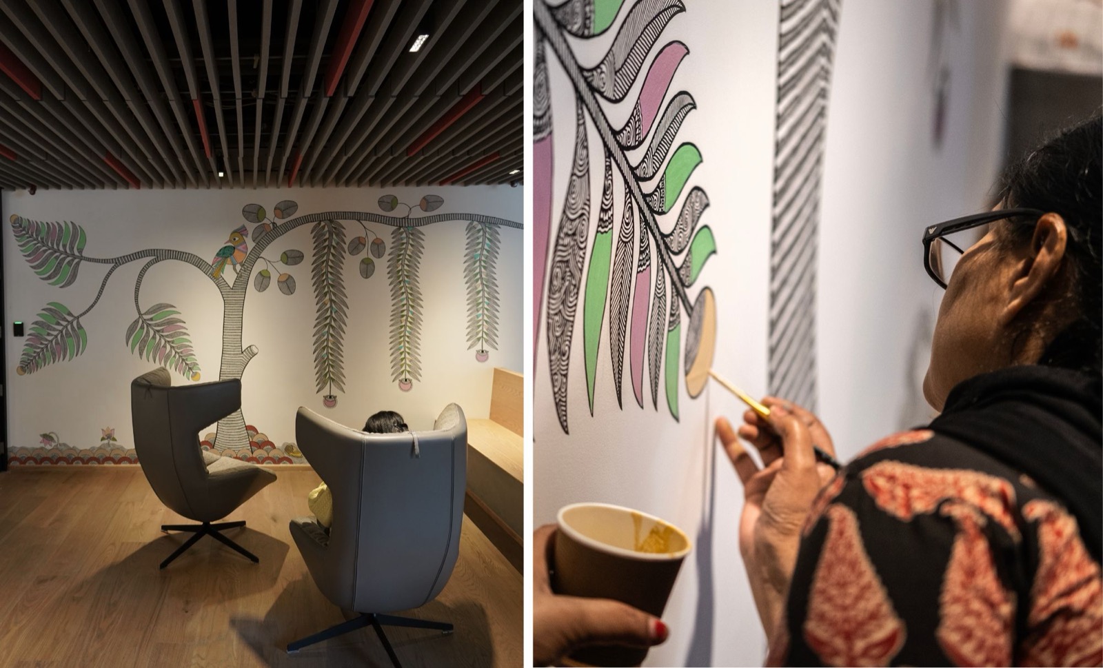(left)Madhubani Mural in the office space, (right) Madhubani artist from Then & Now working on the mural