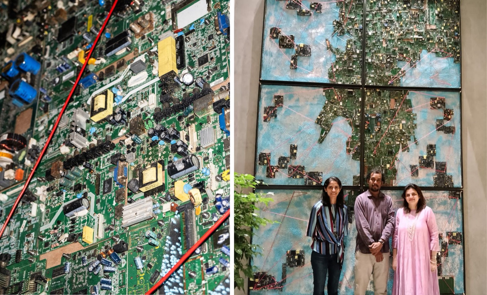 (Left) Detail of Tale of a City by Santanu Dey, (Right) Santanu with Aparna Bijapurkar and Manmeet Bassi